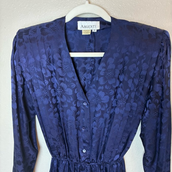 Vintage 80’s blue Argenti silk midi dress v neck pleated button down - Picture 2 of 6